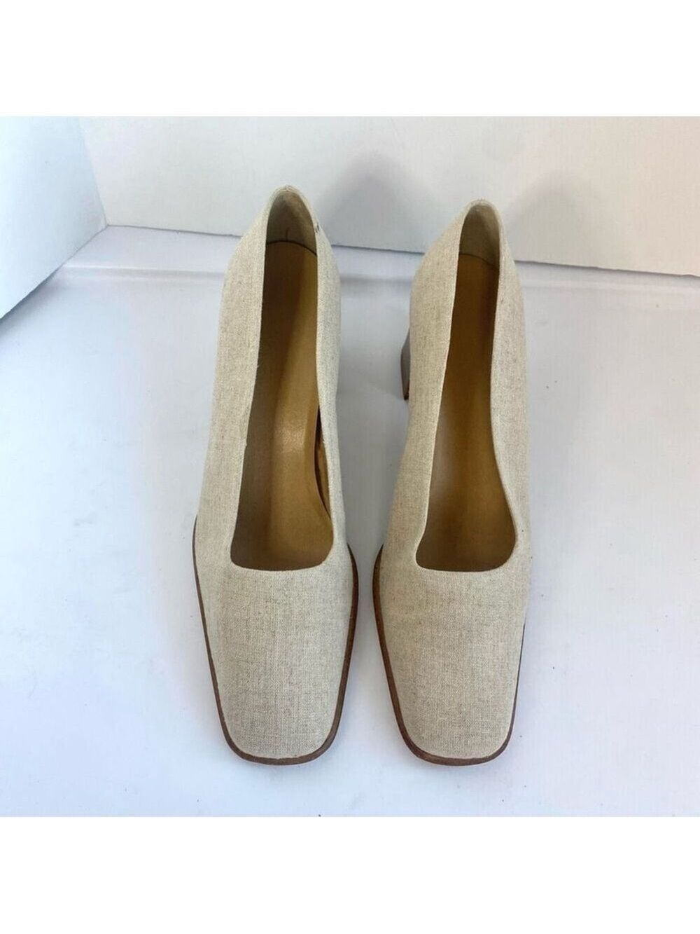Nine West Beige Tan Linen Like Fabric Shoes Pump Square Toe Wood Block Heel Wome - Picture 2 of 11